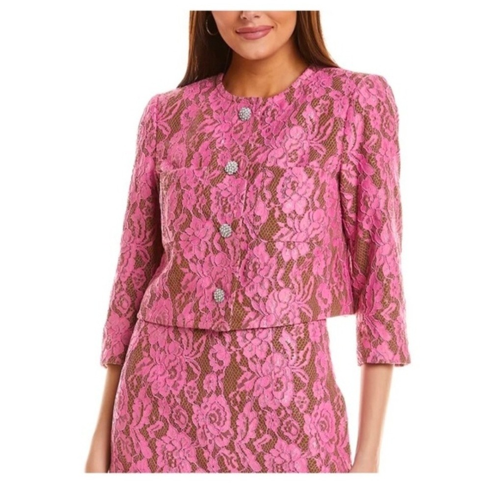 CeCe Set Antique Olive & Pink Bonded Lace Jacket (S) & Skirt (6) $238 NWT L826
